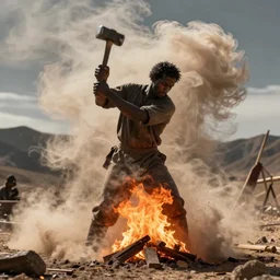 a blacksmith swinging his hammer he is made of psychedelic dust clouds dancing in the wind, hyper realistic, roaring fire, midday, realistic lighting, photo realistic