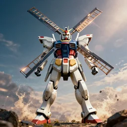 gundam as dutch windmill in gundam, gundam is windmill shaped, dutch windmill gundam, in gears of war, splash art, movie still, cinematic lighting, ray tracing, octane render, long lens, shallow depth of field, bokeh, anamorphic lens flare, 8 k, hyper detailed, 3 5 mm film grain