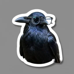dye cut sticker of a realistic raven with nerd glasses by greg rutkowski and alphonse mucha