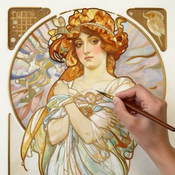 a painting of a woman by alphonse mucha turned into a beautiful hand embroidery