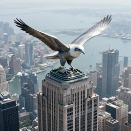 aerial photo of a giant bird in top of a skyscraper in new york,