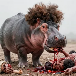 A giant hippopotamus with Afro hair eating people. All people are covered in blood, 4K picture