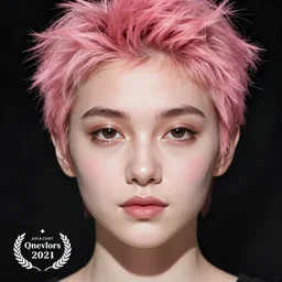 face portrait of a young woman with a heart - shaped face and dark eyes and short pink spiky hair, digital art