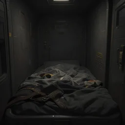 interior view of a small space pod bed in wall, tight space, claustrophobic, messy blankets, crew quarters, dark colors, minimal light, close up, dim lighting, muted colors, unreal engine render, high octane render, by makoto shinkai takashi takeuchi, realistic, futuristic, modern egyptian style
