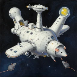 Space station made by anthropomorphic rats, painting by Hiroshi Yoshida style