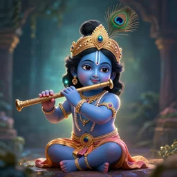 photo realistic, little lord krishna, wearing a peacock feather on his crown, holding flute in one hand, structured hand, cute face, focus, full body, illustration, concept art trending on artstation, devainart, clear face, cinematic lighting, atmospheric, magical effect, glowing effect, hd, hyperdetailed, hyperreal