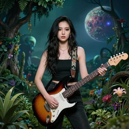 portrait of beautiful woman with his stratocaster, alien planet background ambientation, lot of vegetation, trees, plants, flowers, concept art, andreas rocha