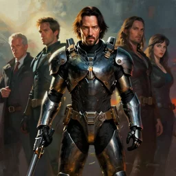 keanu reeves wearing metal gear armor holding gun dramatic lighting art by brandon anschultz by yoji shinkawa by richard schmid by greg rutkowski by sandra chevrier by jeremy lipking cinematic dramatic brush strokes background