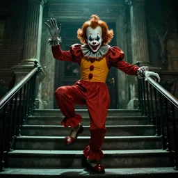 Crazy clown monster dancing on the stairs, evil, real photo from the scene, real story, real photo, documentary, best horror movies, top horor games, Joker, pennywise, volumetric light