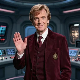 Tom Baker as as the Doctor in his burgundy costume in the Tardis secondary control room