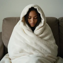 a woman wrapped in a blanket, lounging, wearing a hood over her face, by mike davis,