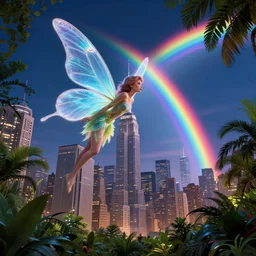“ a giant fairy creates a rainbow over new york city at night, unreal engine, hyper realistic, award winning, detailed lighting, lush tropical plants surrounding tall skyscrapers, art style by carlos ochagavia, science fiction. ”