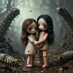 ektachrome, a cinenatic portrait beautiful jointed wooden art doll, super dollfie, holding each other, abandoned, derelict, moths, sadness, giant caterpillars, tim walker, art by wenjun lin, artem chebokha, alena aenami, ian llanas, ethereal, soft light, dark art, macabre, nightmares, horror, blood