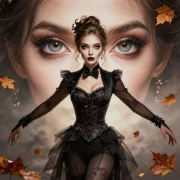 gorgeous female stella maeve magician, realistic character concept, medium shot, elegant pose, spooky, illustration, symmetrical face and body, realistic symmetrical eyes, artstation, cinematic lighting, detailed realistic symmetrical eyes, cgsociety, 8 k, charlie bowater, tom bagshaw, single face, insanely detailed and intricate elegant, autumn leaves