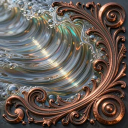 Art Nouveau cresting oil slick waves, hyperdetailed bubbles in a shiny iridescent oil slick wave, ornate copper patina medieval ornament, rococo, baroque spirals