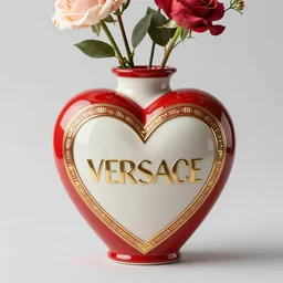 a vase in the shape of a heart with red accents designed by versace, with some flowers