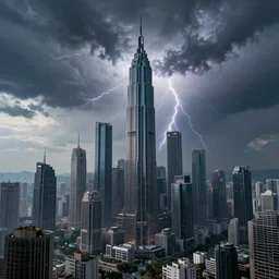 Wide shot of colossal futuristic megacity towering across the landscape, thunder storm, !Ralph McQuarrie!, EOS-1D, f/16, ISO 200, 1/160s, 8K