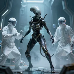 giger alien queen breaking out of cryo and fighting scientists. Sci-fi horror production photograph.
