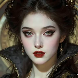 realistic detailed face portrait of young Ghostly Gothic Vampire Queen Marie Antoinette by Alphonse Mucha, Ayami Kojima, Yoshitaka Amano, Charlie Bowater, Karol Bak, Greg Hildebrandt, Jean Delville, and Mark Brooks, Art Nouveau, Pre-Raphaelite, Neo-Gothic, gothic, Art Nouveau, intricate fine details, exquisite, rich deep moody colors