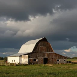 a barn in the countryside, dramatic lighting, dramatic clouds, edward harrison compton