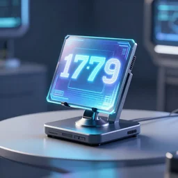 hologram device, table stand, holographic transmission, 1 9 7 9 science fiction, modern, hyperreal render, octane 8 k, cinematic