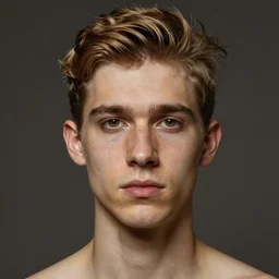 man in his twenties with brown blond short quiff hair and thin slightly round facial structure with cleft chin, bumpy nose, good definition of cheekbones, Alert brown eyes, narrow face, slim body, atmospheric lighting, painted, intricate, 4k, highly detailed by Charlie Bowater
