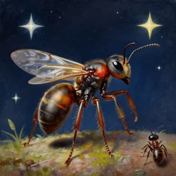 A detailed painting of an anthropomorphic  ant queen standing on her hind legs, stars in the background,  formian pathfinder,  digital art 4k,  Wayne Barlowe Greg Rutkowski