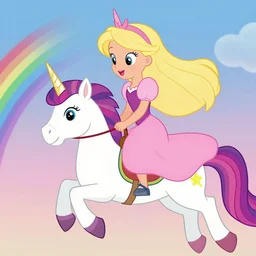 a princess with extremely long blond hair from a cartoon riding a unicorn over a rainbow, pixar style