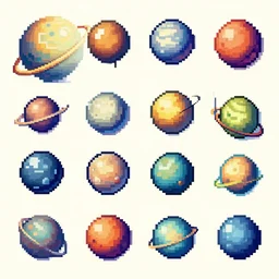 isometric pixel art planets sprite sheet in gouache detailed pixel art rotated left rotated right props stylised, in the style of moebius,