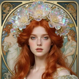 redhead woman, rococo and art nouveau fusion, iridescent diaphanous refractive and reflective flower crown, highly detailed, deep focus, elegant, smooth, sharp focus, illustration, ultra realistic, 8 k, art by artgerm and alphonse mucha, maxfield parrish, james jean, yoji shinkawa, odilon redon, gaston bussiere, eugene grasset, janis rozentals