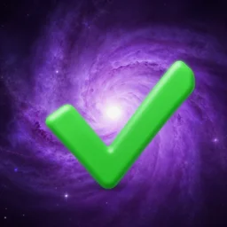 green checkmark with a purple nebula background