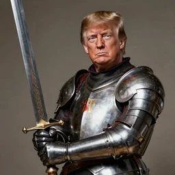 donald trump wearing knights armor!!!!, donald trump holding a crazy broadsword, donald trump ’ s highly detailed face, donald trump ’ s handsome face, by hans holbein