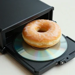 photo of a donut being inserted into a cd - rom drive, ca. 1 9 8 4