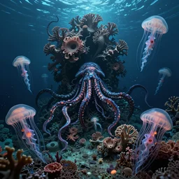 nightmares of the deepest oceans by zdzisław beksinski, bioluminescent, fractal coral reef, jellyfish, kraken, ai biodiversity, ernst haeckel, photorealistic ultrasharp hyperdetailed octane render