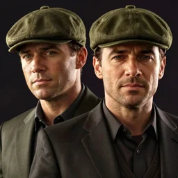 portrait close - up kevin mckidd ciaran murphy, olive green flat cap and gilet suit, dark, gta v art!!
