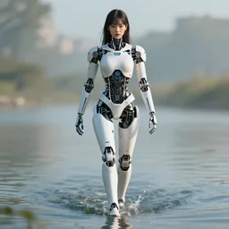 beautiful centered fine art photo portrait of hoyeon jung as a solarpunk robotic humanoid treading on water, white mechanical parts with led lights, ultra - detailed and intricate, sun lighting, soft focus, slow exposure hdr 8 k