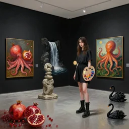 painting of flooded modern art gallery, paintings on black walls, a tall emo girl holding an artist's palette and wearing black demonia boots, pomegranates, octopus, waterfall, stone sculpture, zen, black swans, berries, surrealist, by magritte and monet