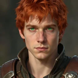masterpiece closeup portrait of a young man with short red hair and green eyes, wearing adventuring gear, by Greg Rutkowski, 4k, masterpiece, matte painting, dungeons and dragons, detailed