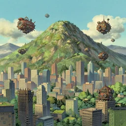 A mountain surrounded by a metropolis by Craig Mullins, the city buildings are in a studio ghibli aesthetic, illustrative art of small steampunk airships flying around the city by Mattias Adolfsson