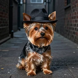 detective yorkshire terrier wearing a fedora hat, in a dark alley, by Dan Seagrave art