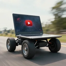 A laptop driving with 4 wheels, youtoube thumbnail, 8k resolution, sci-fi, medium shot, low angle, midday