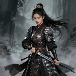 a witch with chinese armor and sword