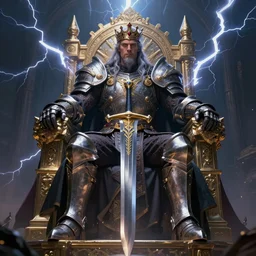 an impressive strong knight warrior shaman king with a big sword, wearing a crown, is sit on a fabulous throne, very dramatic lightning, intricate, precise, 4 k, by greg rutkowski and james gurney and craig mullins
