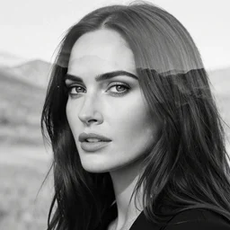 double - exposure effect of megan fox face blended with beautiful mountains, in the style of dan mountford, amazing detail, black and white