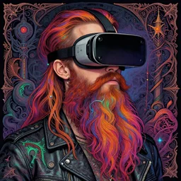 detailed hipster skinny man with vr sunglasses, long vibrant beard, dmt, by james gurney + intricate and vibrant work + portrait + trending on artstation + incredible gothic illustration + exquisite detail