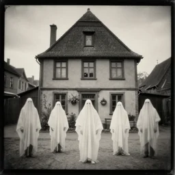 a tintype photograph. photo of a group of ghostly people in front of the house of the town hall of the village and a face visible the window of the house