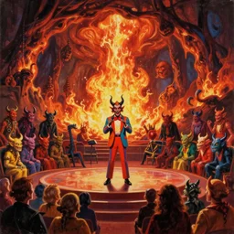 A retro 1980s game show hosted by a charming-looking horned Satan devil in a colorful suit at center-stage, in front of a live studio audience of demons and strange creatures in the bleachers, in the middle of a cavernous firey landscape of Hell, oil on canvas, painting, cohesive, stylistic, trending on Artstation, 4k, wide shot