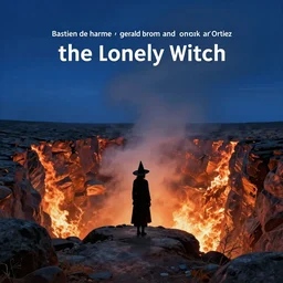 the lonely witch standing at the edge of a fiery caldera by bastien deharme and gerald brom and mark arian and omar ortiz, smooth round rocks, deep blue sky, low light, misty, smoky, tonalism, sfumato