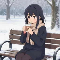 Kagamine Rin sitting down on a park bench and enjoying a warm cup of hot cocoa on a cold day in winter, peaceful, digital art, anime