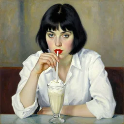 a painting of a Daisy Ridley with red lipstick and black bob with fringe, wearing a white shirt, seated at a table, drinking a milkshake with a straw, by A.M. Cassandre, oil painting